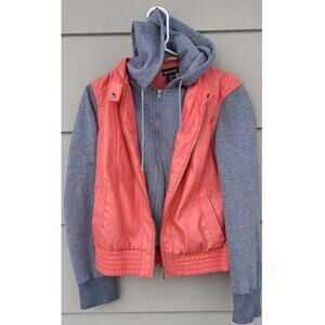 Vtg. Y2K Wet Seal Pink Coral Faux Leather Sweatshirt Hood Bomber Moto Jacket L
